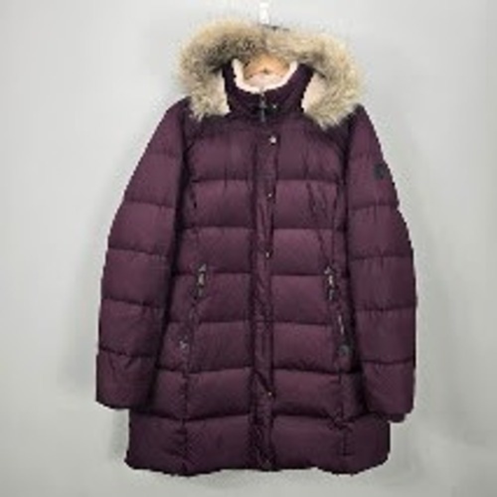 Lauren Ralph Lauren Down Puffer Coat Jacket XL Burgundy Hooded Faux Fur Trim